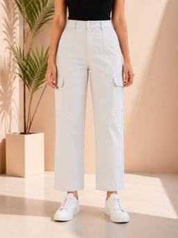 Oxolloxo - Women Light Grey Elasticated Cotton Cargo Pant