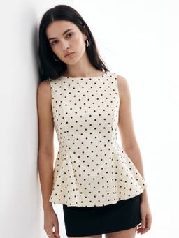 Outzidr - White Boat Neck Polka Dotted Peplum Top