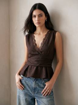 Outzidr - Brown V Neck Cinched Waist Top