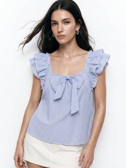 Outzidr - Light Blue Striped Flutter Sleeved Top