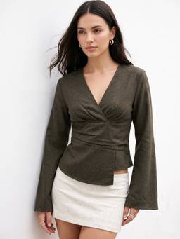 Outzidr - Olive Wrap Asymmetric Hem Top