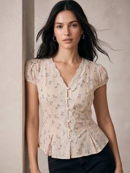 Outzidr - Cream V Neck Floral Printed Top