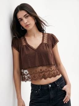 Outzidr - Brown Plunge Neck Lace Inserts Top