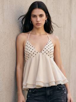 Outzidr - Cream Strappy Polka Dots Top