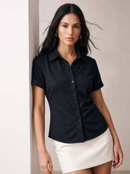 Outzidr - Black Half Sleeve Button Down Fitted Shirt