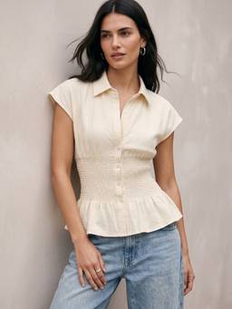 Outzidr - Beige Button Down with Smocked Waist Shirt