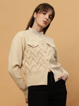 Beatnik - Women Beige Embellished Cardigans