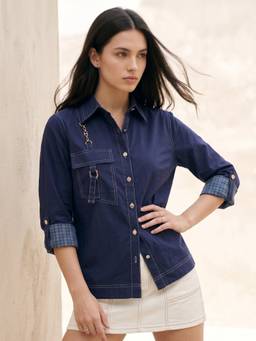 Outzidr - Navy Blue Contrast Roll-Up Sleeve Shirt