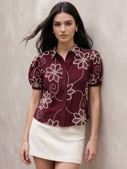 Outzidr - Wine Regular Fit Embroidered Shirt