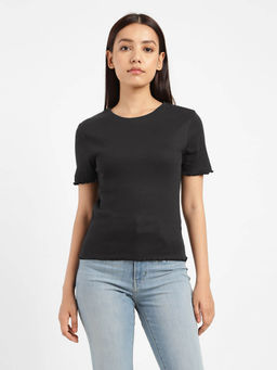 Levi's - Women Solid Round Neck Ribbed T-Shirt with Lettuce Edges Detailing
