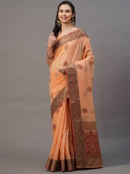 Odette - Peach Festive Silk Blend Woven Design Saree with Unstitched Blouse