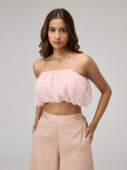Gajra Gang - Moroccan View Pink Georgette Badla Embellished Balloon Crop Top