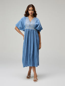 Gajra Gang - Blue Denim Embroidered Midi Dress Urban Folk