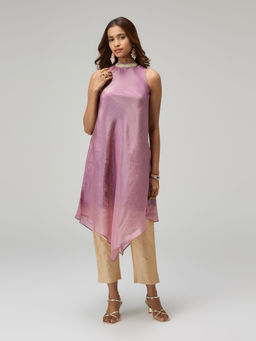 Gajra Gang - Moroccan View Purple Tissue Embellished Neckline Asymmetric Kurta