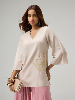 Gajra Gang - Moroccan View Ivory Poly Silk Floral Embroidered Tunic