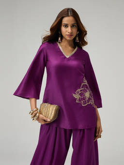 Gajra Gang - Patiala Chowk Purple Poly Silk Floral Embroidered Tunic