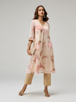 Gajra Gang - Moroccan View Beige Georgette Floral Print Embellished Kurta