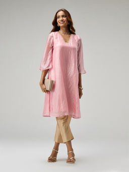 Gajra Gang - Moroccan View Pink Tissue Embellished Bell Sleeves Kurta