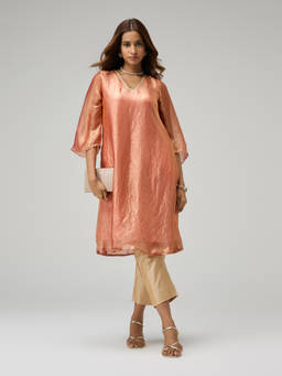 Gajra Gang - Moroccan View Rust Tissue Embellished Bell Sleeves Kurta