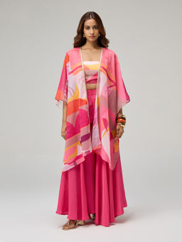 Gajra Gang - Pink Geometric Print Badla Bustier Cape And Sharara Kitsch Bazaar