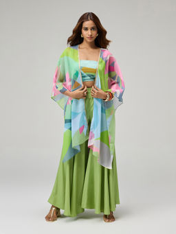 Gajra Gang - Green Geometric Print Badla Bustier, Cape And Sharara Kitsch Bazaar