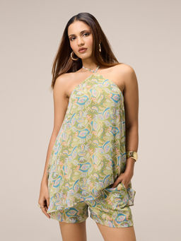 Twenty Dresses by Nykaa Fashion - Green Chiffon Paisley Halter Neck with Tie Up Flared Top