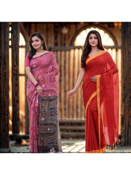 DESH BIDESH - Women Cotton Multi-Color Woven Saree without Blouse (Pack of 2)