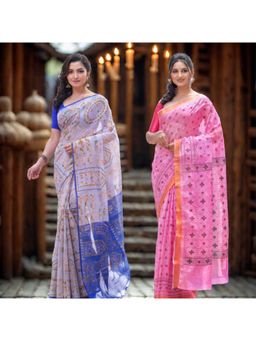 DESH BIDESH - Women Cotton Multi-Color Woven Saree without Blouse (Pack of 2)
