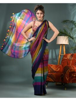 DESH BIDESH - Women Cotton Multi-Color Colorblock Saree without Blouse