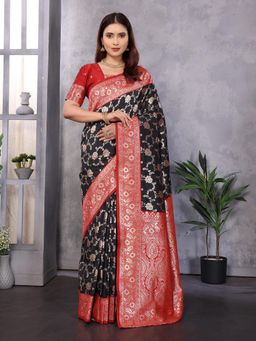 Elora - Women Silk Black Floral Saree with Unstitched Blouse