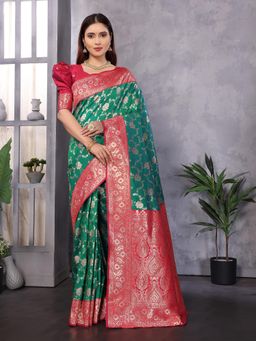 Elora - Women Silk Green Floral Saree with Unstitched Blouse