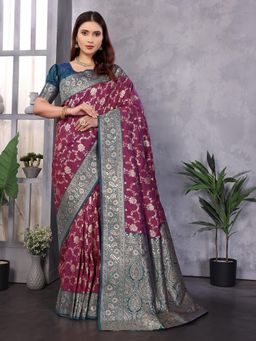 Elora - Women Silk Magenta Floral Saree with Unstitched Blouse