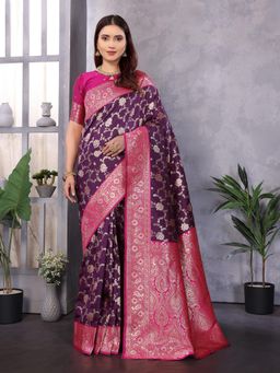 Elora - Women Silk Wine Floral Saree with Unstitched Blouse