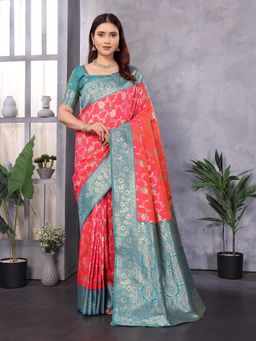 Elora - Women Silk Peach Floral Saree with Unstitched Blouse