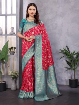 Elora - Women Silk Red Floral Saree with Unstitched Blouse