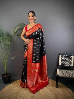 Elora - Women Silk Black Paisley Saree with Unstitched Blouse