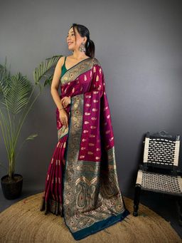 Elora - Women Silk Wine Paisley Saree with Unstitched Blouse