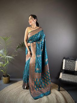 Elora - Women Silk Blue Woven Saree with Unstitched Blouse