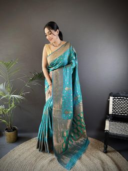 Elora - Women Silk Teal Woven Saree with Unstitched Blouse