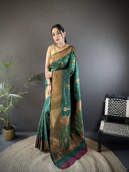 Elora - Women Silk Green Woven Saree with Unstitched Blouse