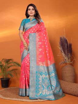 Elora - Women Silk Peach Floral Saree with Unstitched Blouse
