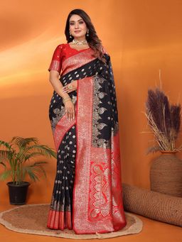 Elora - Women Silk Black Floral Saree with Unstitched Blouse
