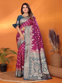 Elora - Women Silk Magenta Floral Saree with Unstitched Blouse