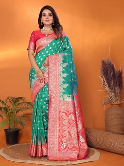 Elora - Women Silk Green Floral Saree with Unstitched Blouse