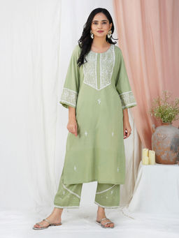 Zuri - Olive Chikankari Cotton Kurta Paired with Matching Pant (Set of 2)