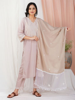 Zuri - Taupe Cotton Kurta With Matching Pant And Dupatta