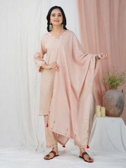 Zuri - Gold Pink Tribal Embroidered Cotton Kurta With Matching Pant And Dupatta