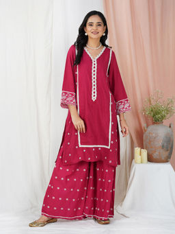 Zuri - Red Embroidered cotton straight kurta paired with matching sharara