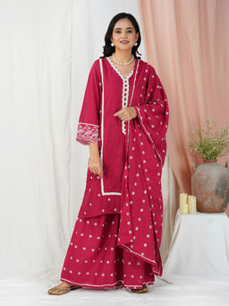 Zuri - Red Embroidered cotton straight kurta with matching sharara and dupatta