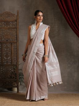 Triyah - Sand Linen Saree with Silver Border and Tassels